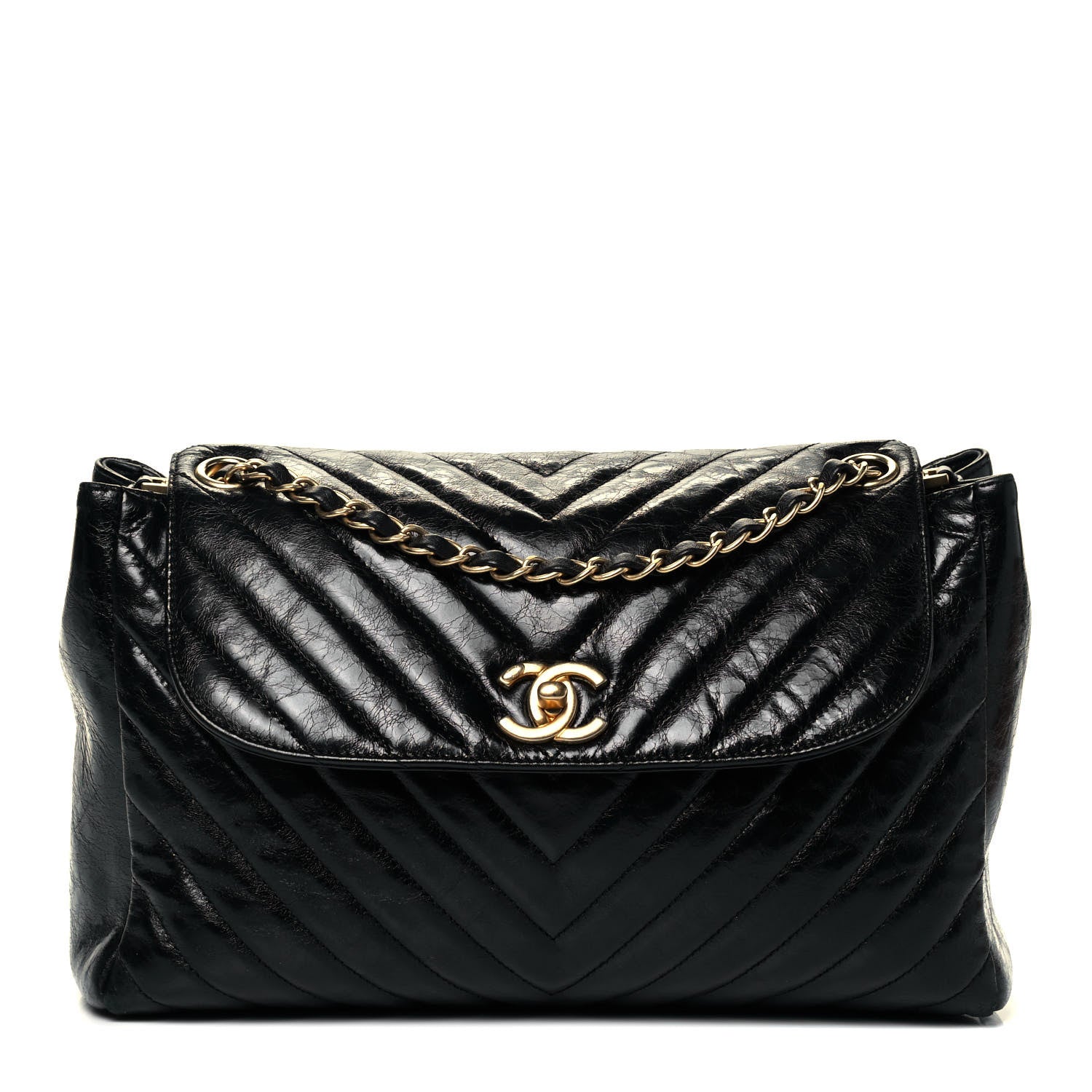 Chanel Glazed Calfskin Chevron Quilted Large Hampton Flap Black 1 of 9