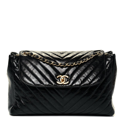 Chanel Glazed Calfskin Chevron Quilted Large Hampton Flap Black 1 of 9