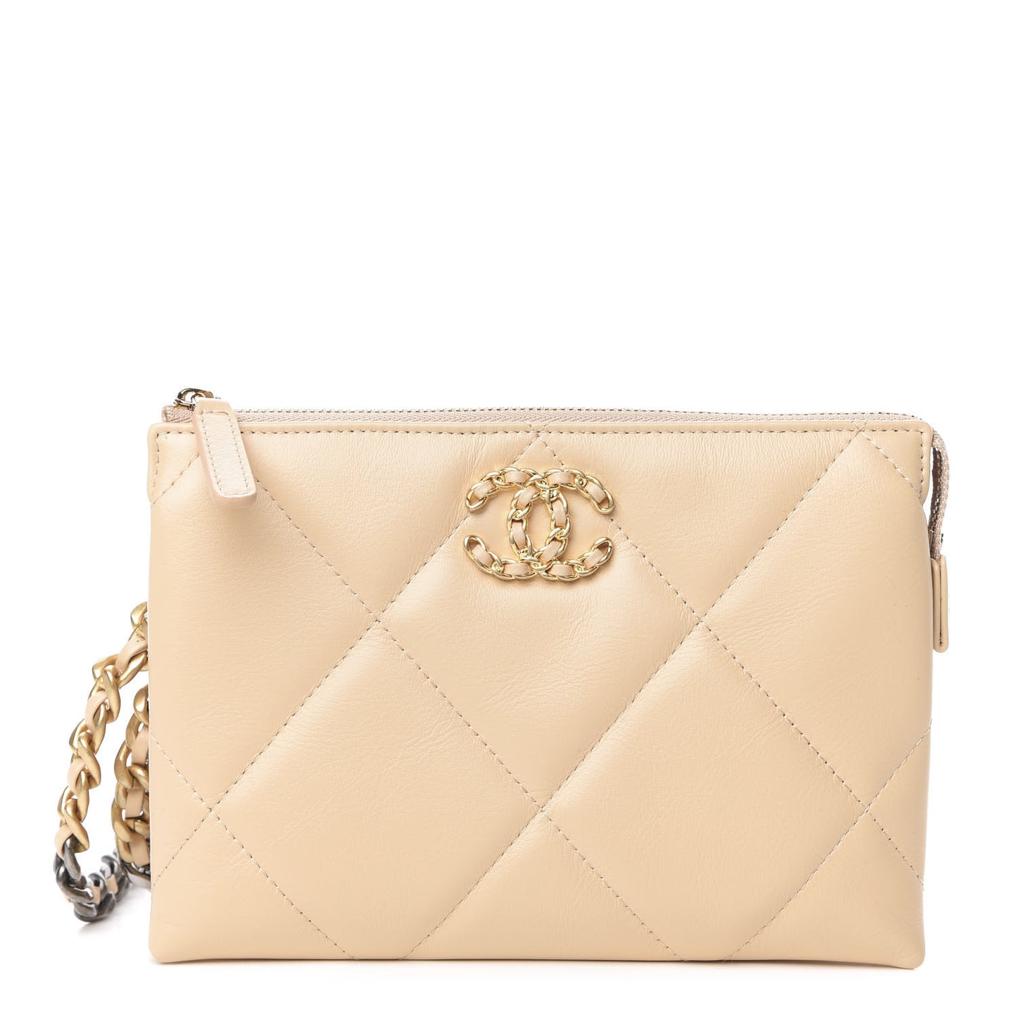 Shiny Goatskin Quilted 19 Small Pouch With Handle Beige