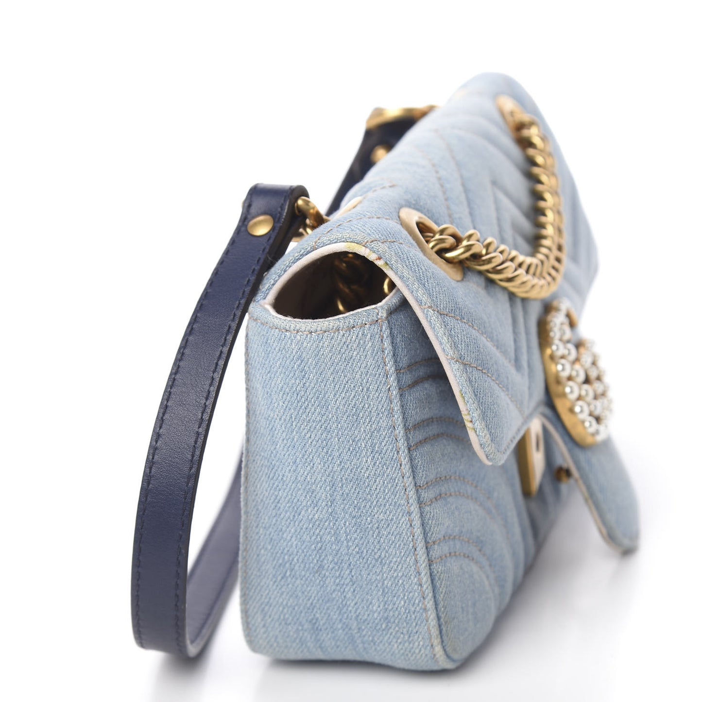 Denim Matelasse Mini Pearly GG Marmont Shoulder Bag Blue