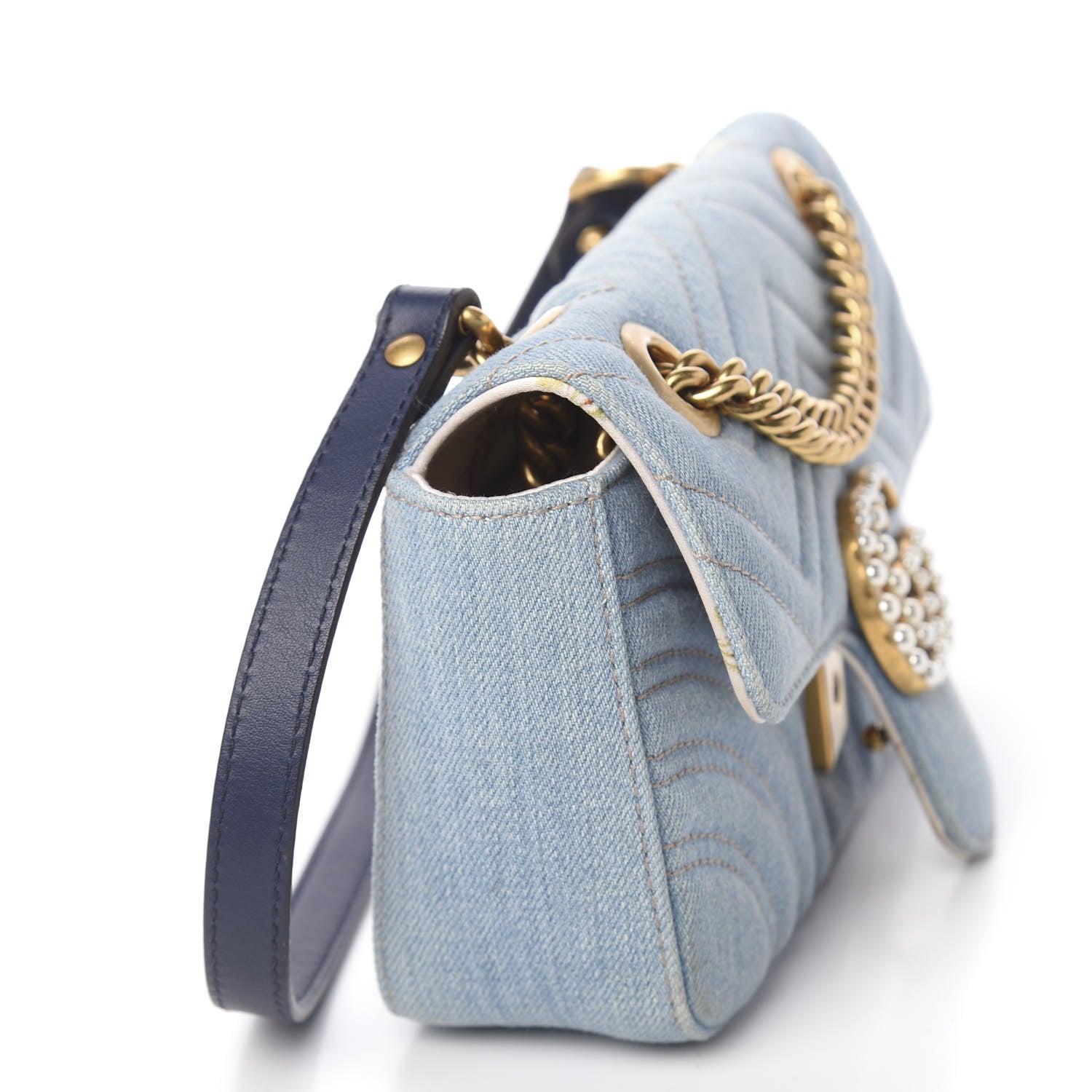 Gucci Denim Matelasse Mini Pearly GG Marmont Shoulder Bag Blue 2 of 15