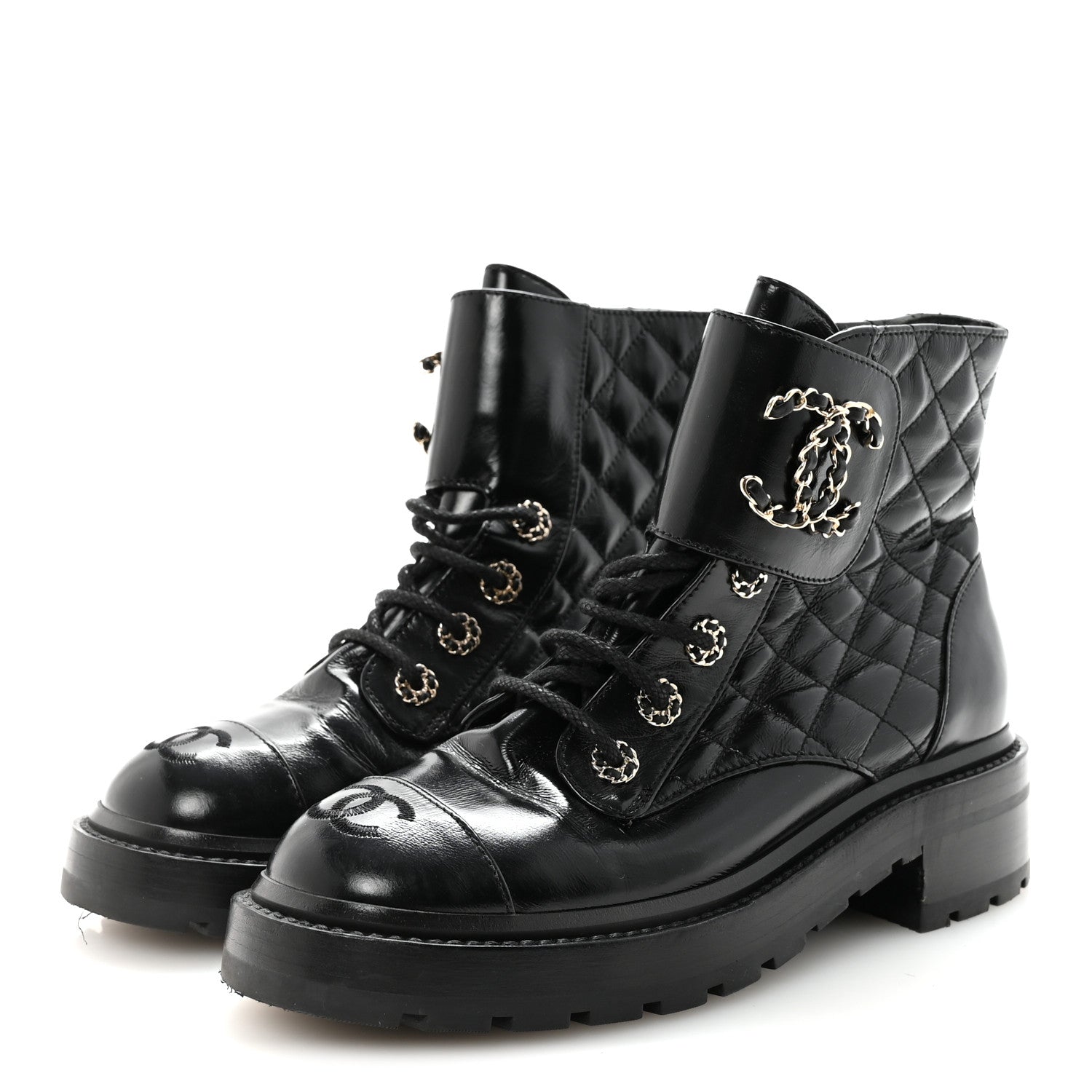 Chanel Shiny Calfskin Quilted Lace Up Combat Boots 37.5 Black 8 of 20