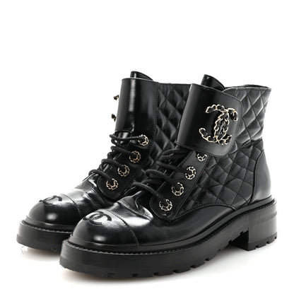 Chanel Shiny Calfskin Quilted Lace Up Combat Boots 37.5 Black 8 of 20
