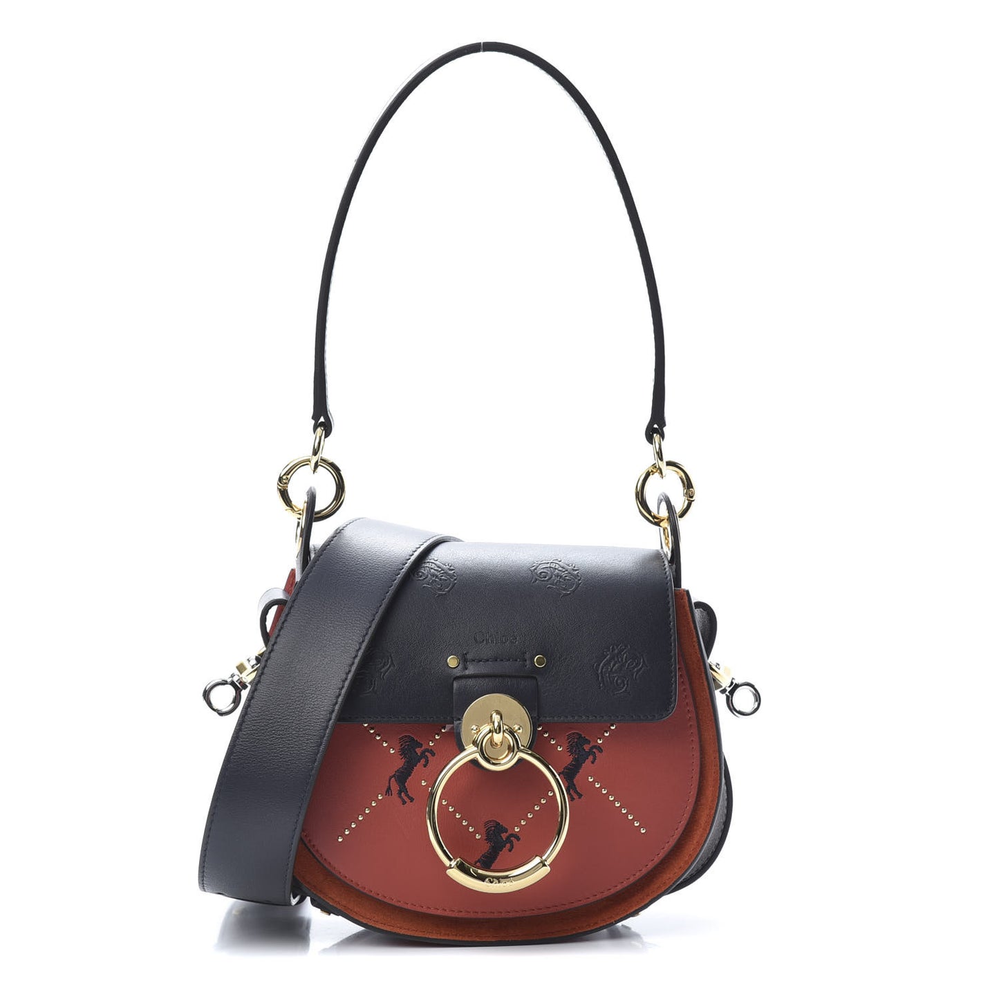 Calfskin Little Horses Embroidered Baroque Small Tess Bag Earthy Red