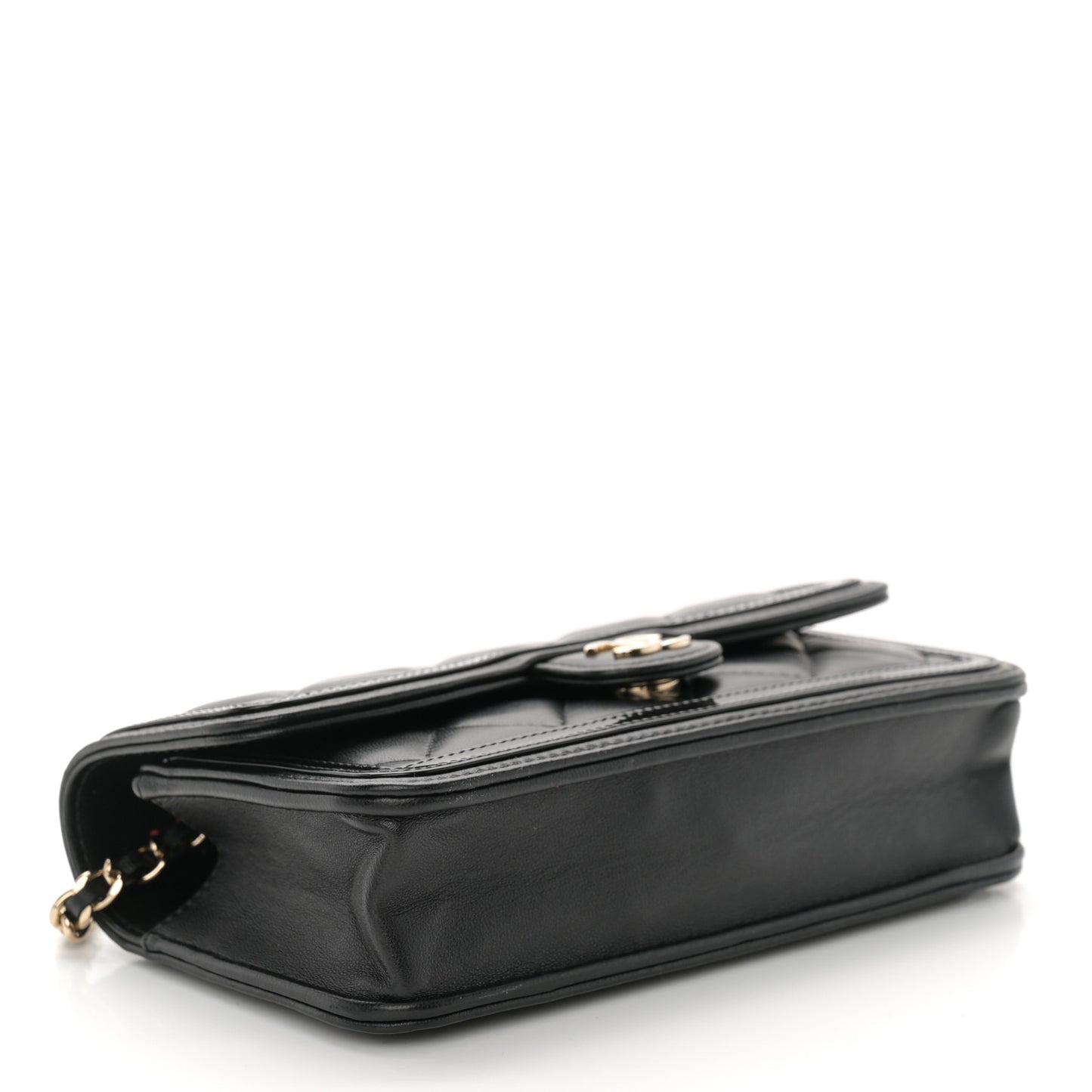 Lambskin Patent Calfskin Quilted Flap Phone Holder With Chain Black