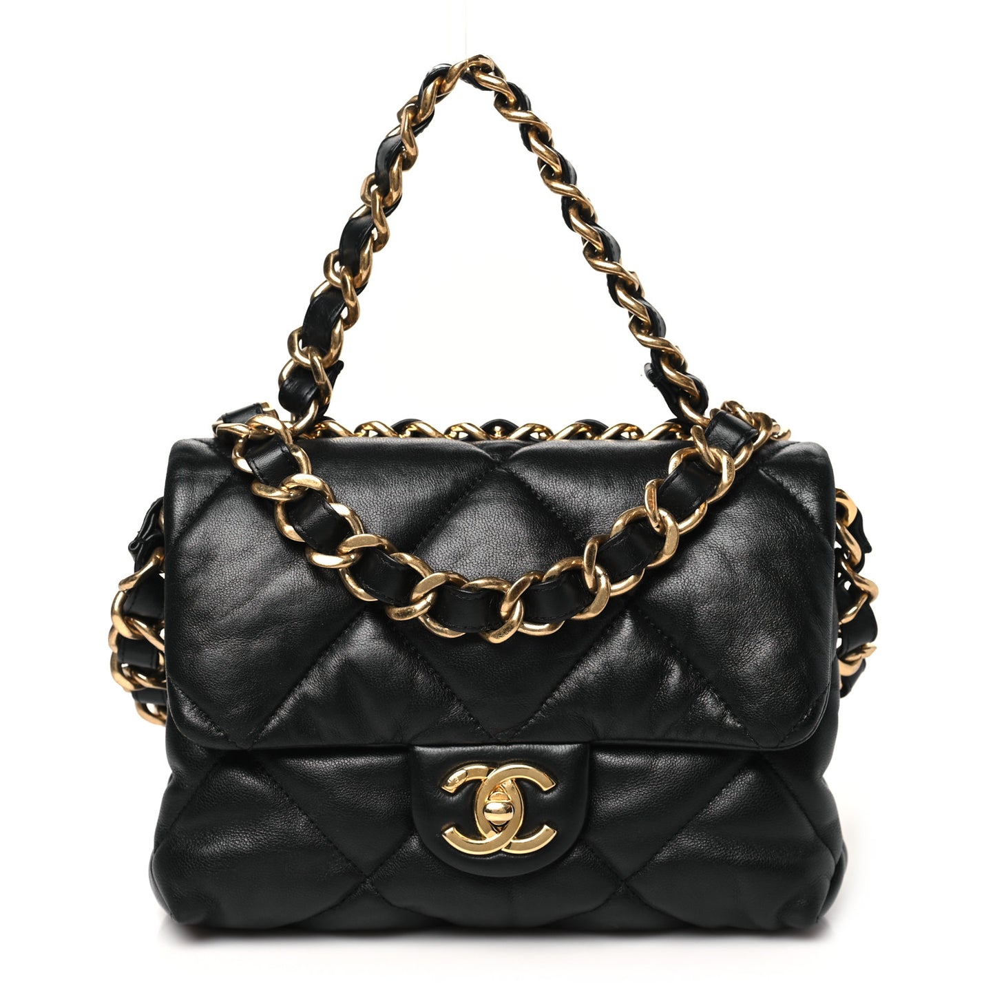 Lambskin Quilted Small Chain Top Handle Flap Black