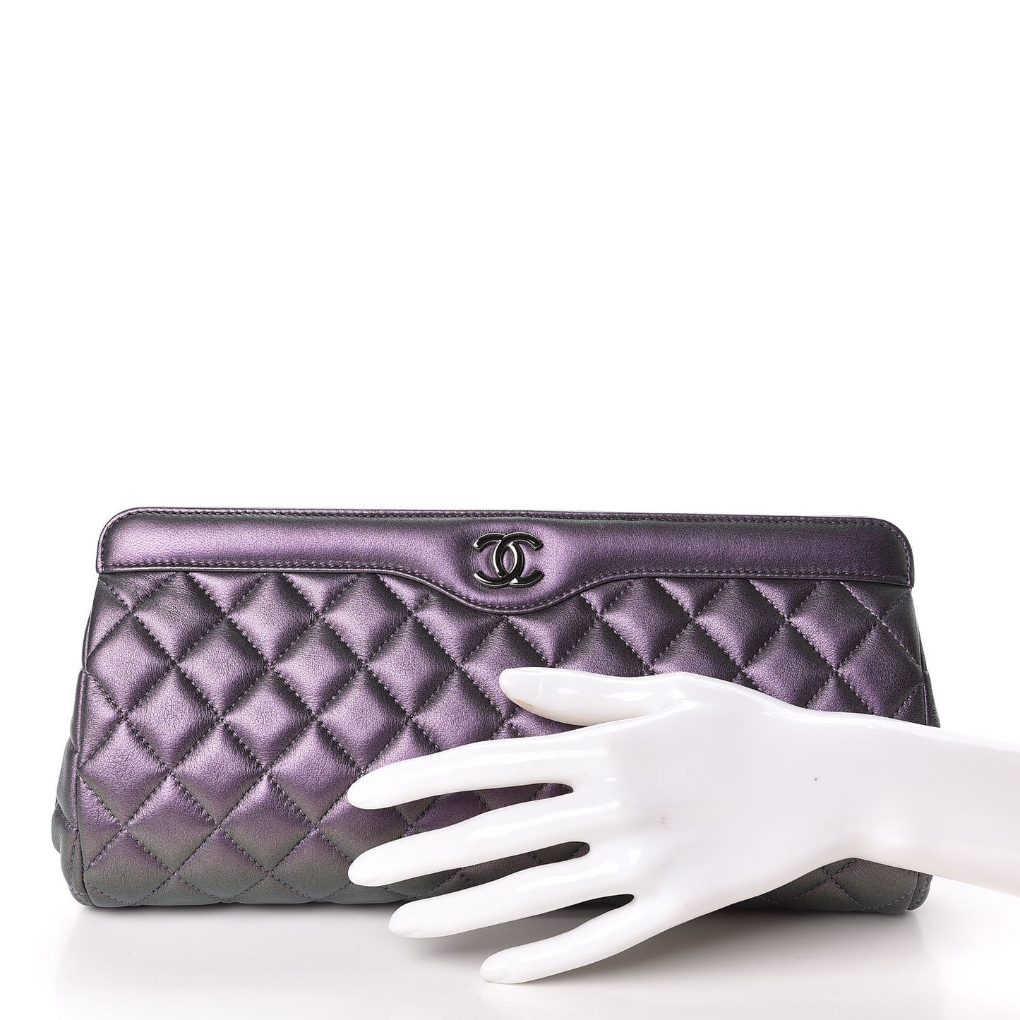 Iridescent Lambskin Quilted Clutch Dark Purple
