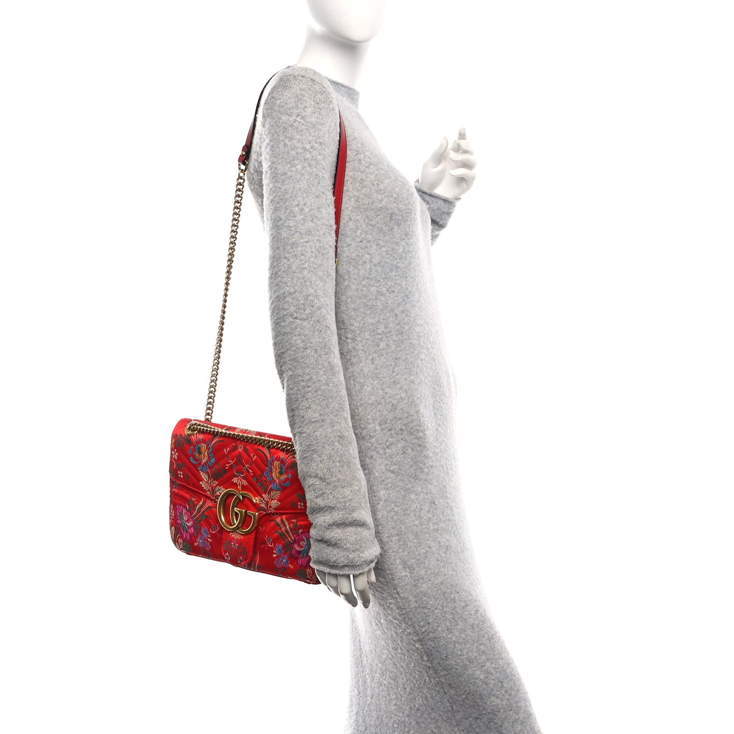 Jacquard Matelasse Floral Medium GG Marmont Shoulder Bag Red