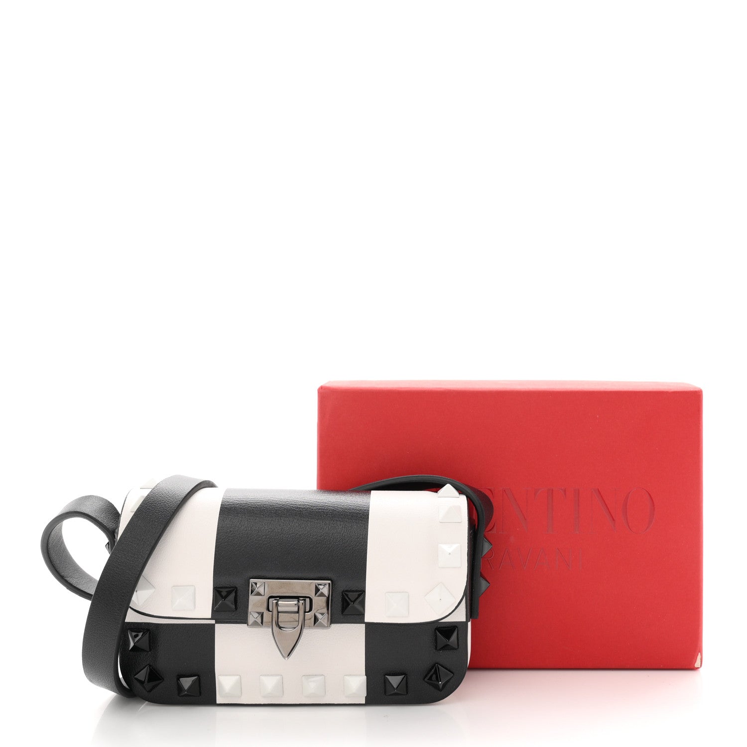 Valentino Garavani Vitello Chess Mini Rockstud Flip Lock Crossbody Bag Black White 10 of 10