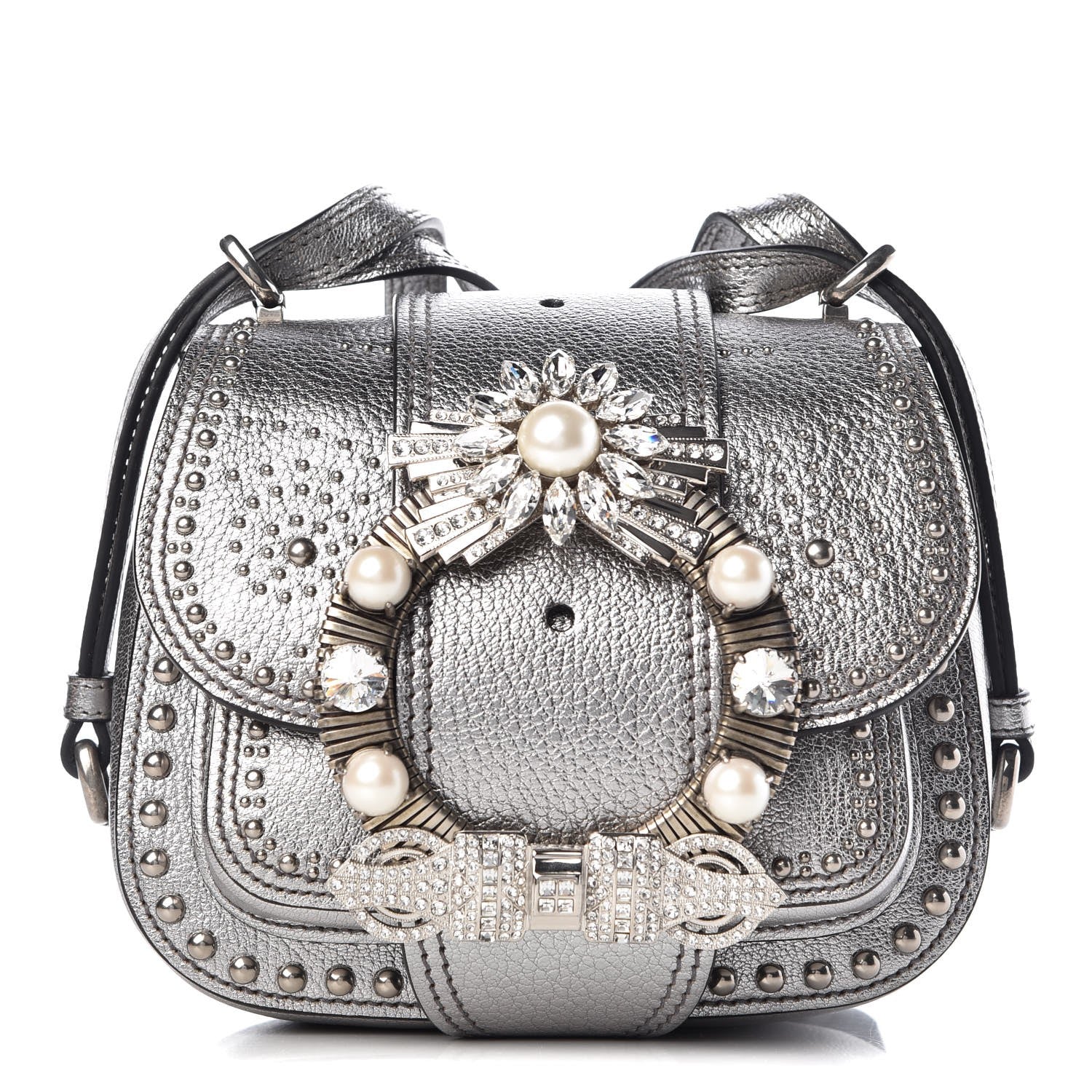 Miu Miu Goatskin Madras Soft Calf Crystal Embellished Dahlia Shoulder Bag Chrome 1 of 13