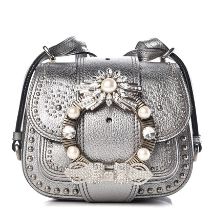 Miu Miu Goatskin Madras Soft Calf Crystal Embellished Dahlia Shoulder Bag Chrome 1 of 13