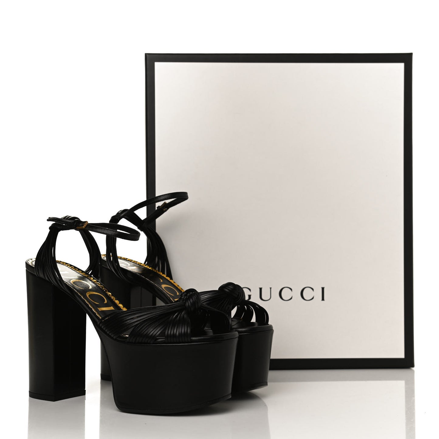 GUCCI Calfskin Knotted Strap Crawford Platform Sandals 37 Black