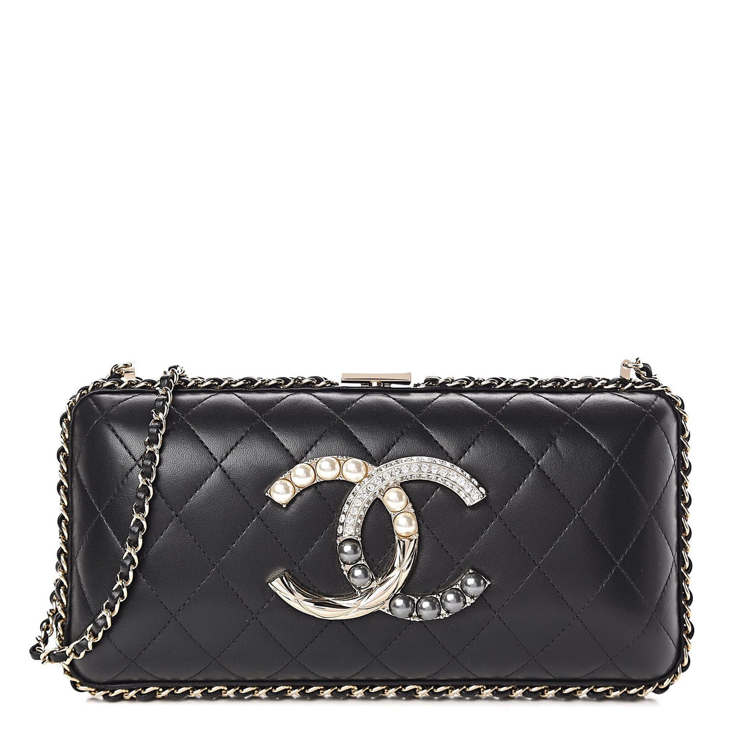 Lambskin Quilted Pearl Crystal Chain Around Clutch Black