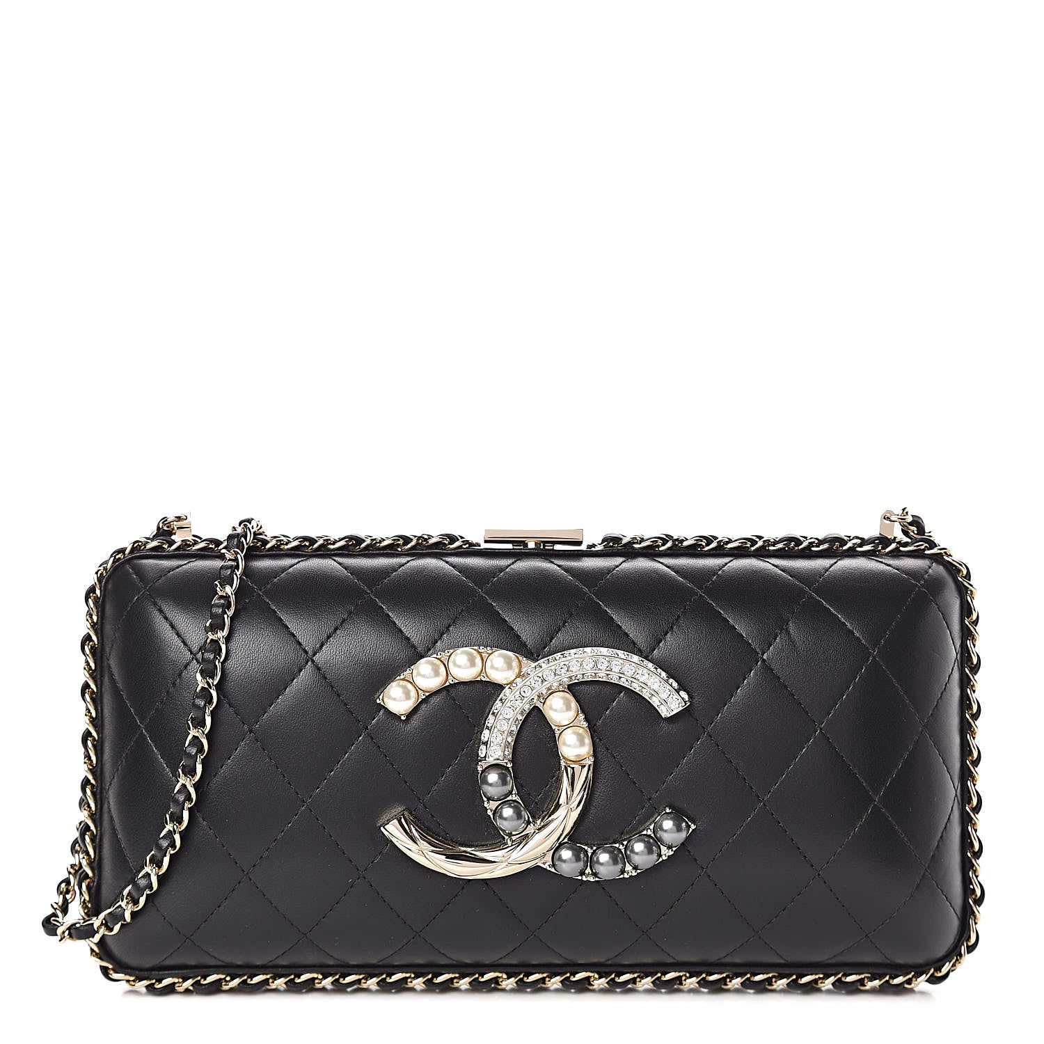 Chanel Lambskin Quilted Pearl Crystal Chain Around Clutch Black 1 of 10
