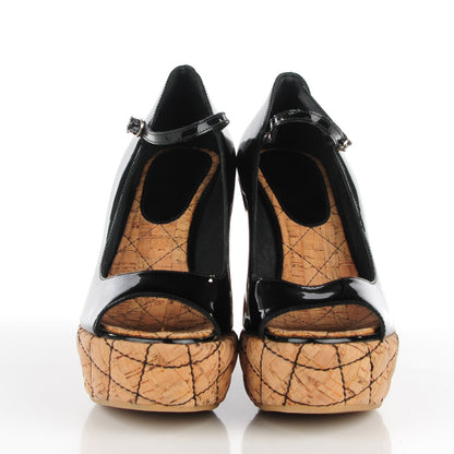 Chanel Patent Cork Quilted CC Wedge Peep Toe Sandals 38 Black 2 of 6