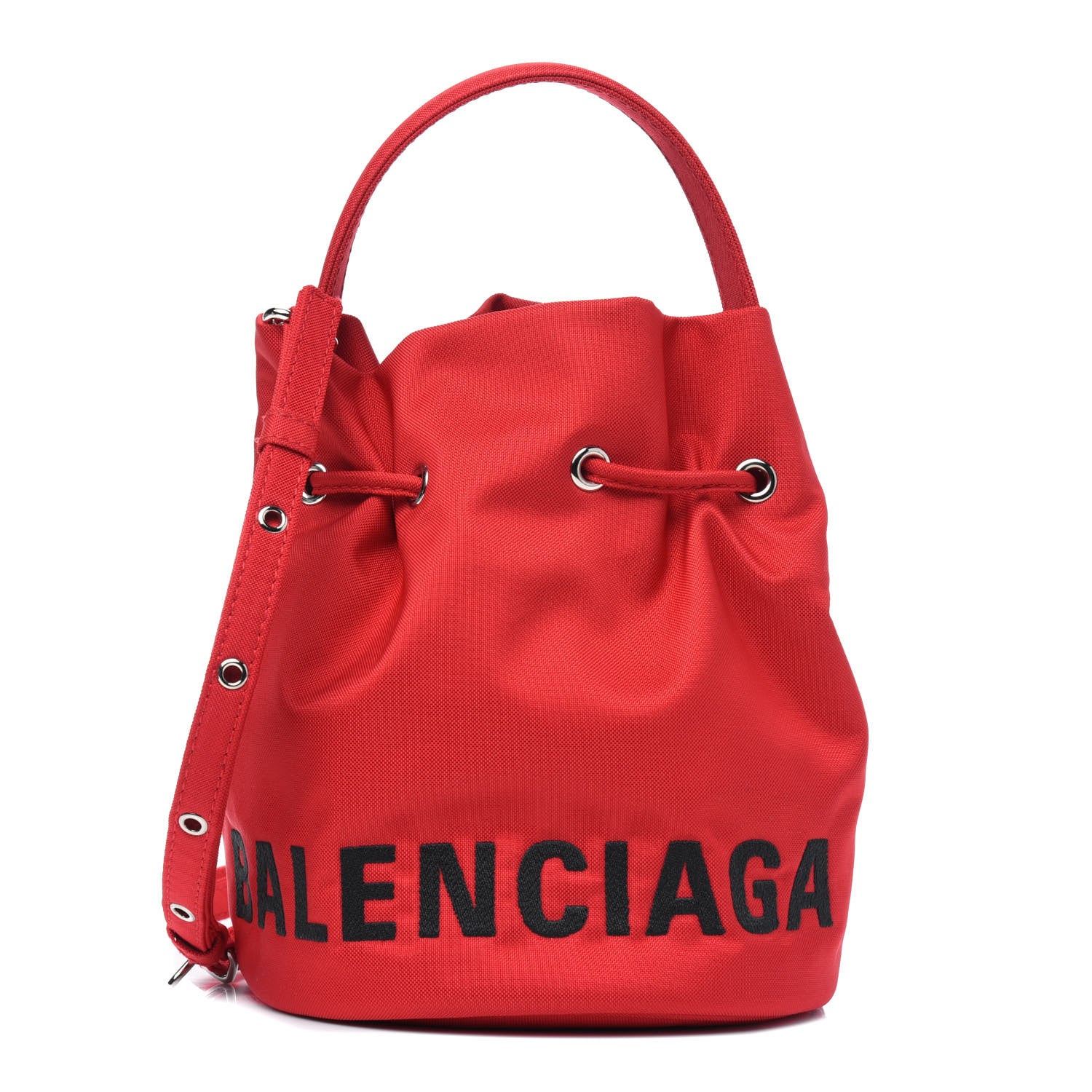 Balenciaga Recycled Sport Nylon Logo Embroidered Wheel Drawstring Bucket Bag XS Bright Red Black 1 of 11
