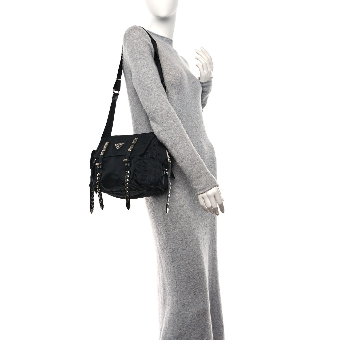 Nylon New Vela Studded Messenger Bag Black