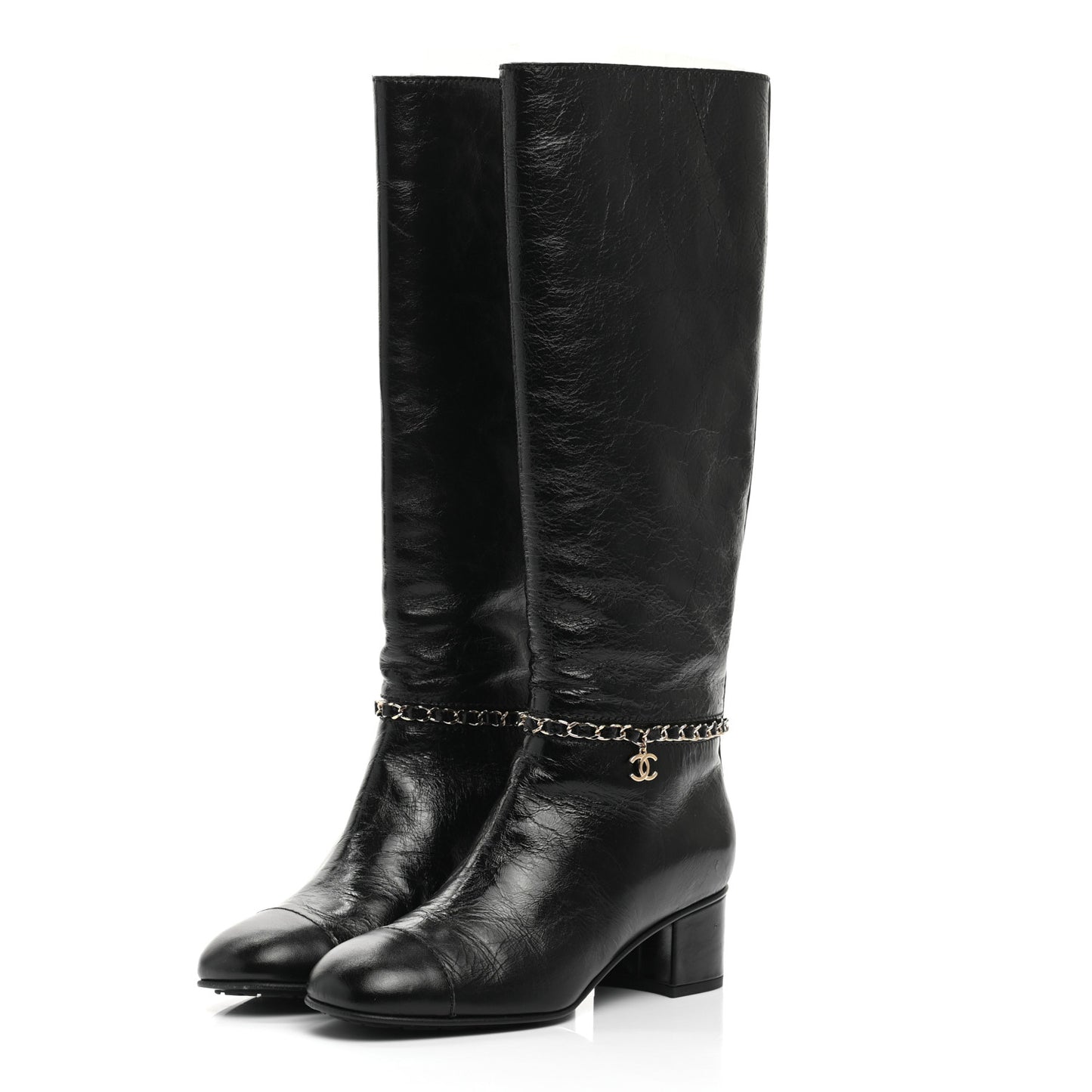 Crumpled Calfskin Cap Toe Chain Boots 38 Black