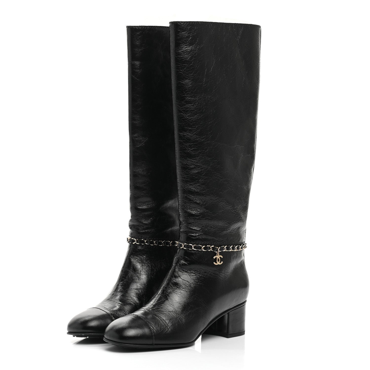 Chanel Crumpled Calfskin Cap Toe Chain Boots 38 Black 3 of 9