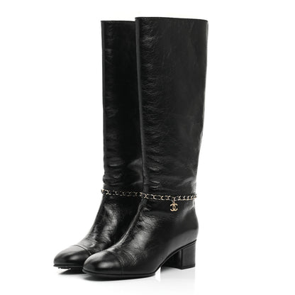Chanel Crumpled Calfskin Cap Toe Chain Boots 38 Black 3 of 9