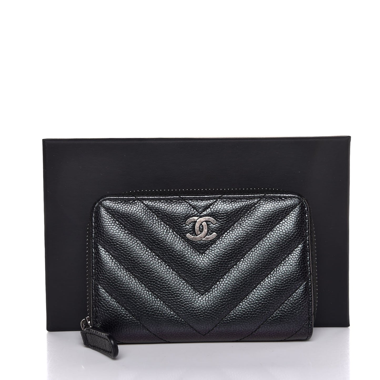 Iridescent Caviar Chevron Quilted Zip Around Coin Purse Black