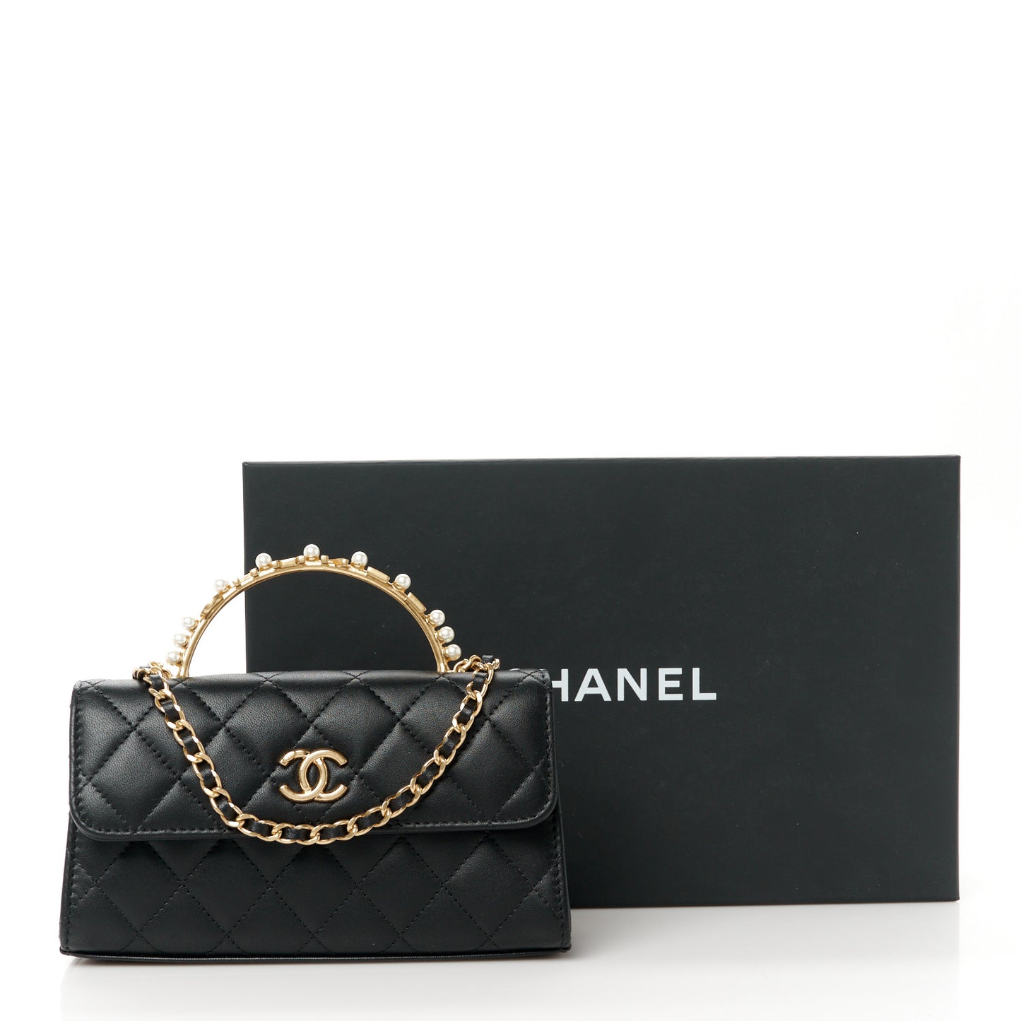 Lambskin Pearl Crystal Quilted Pearly Girl Handle Flap Phone Holder With Chain Black