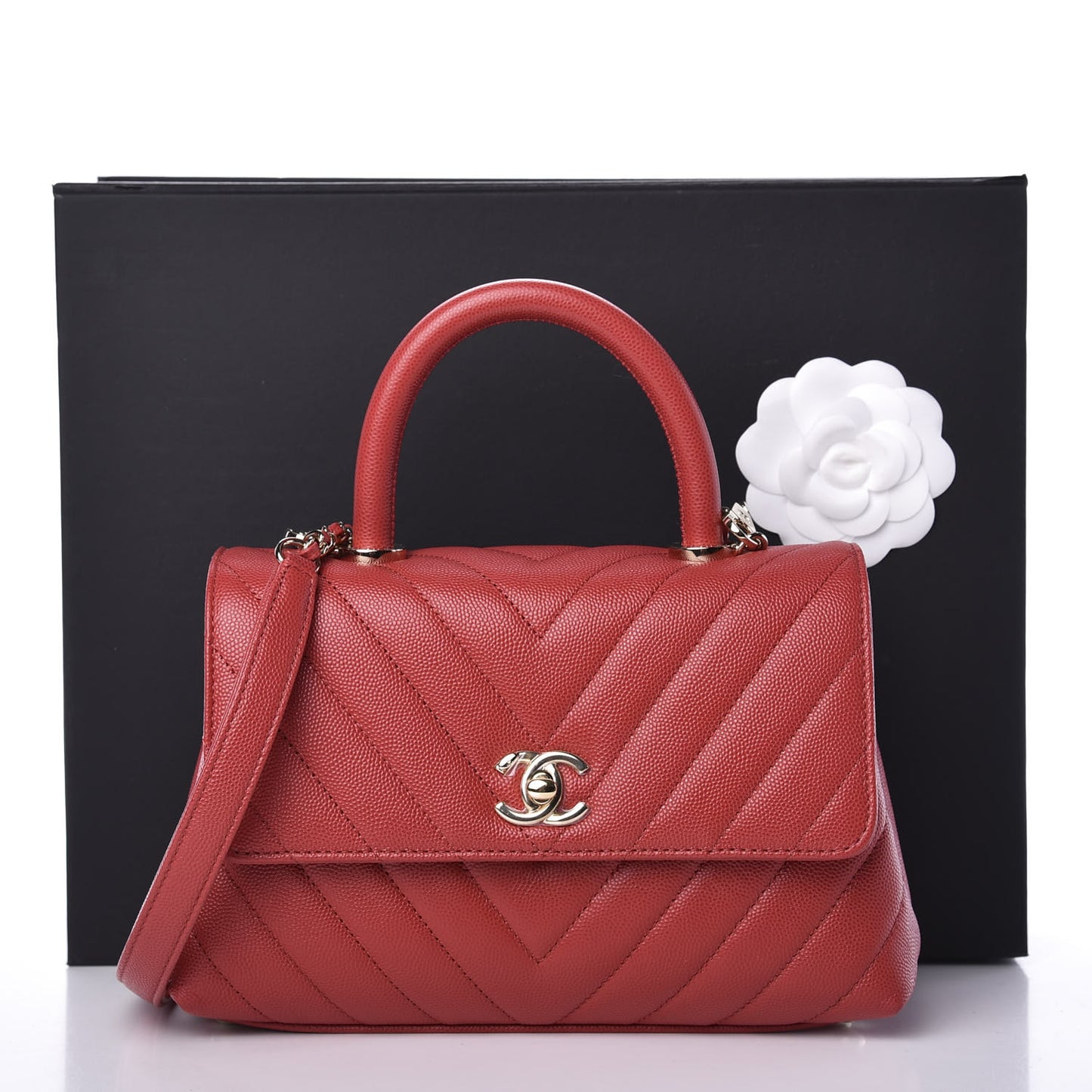 Caviar Chevron Quilted Mini Coco Handle Flap Red