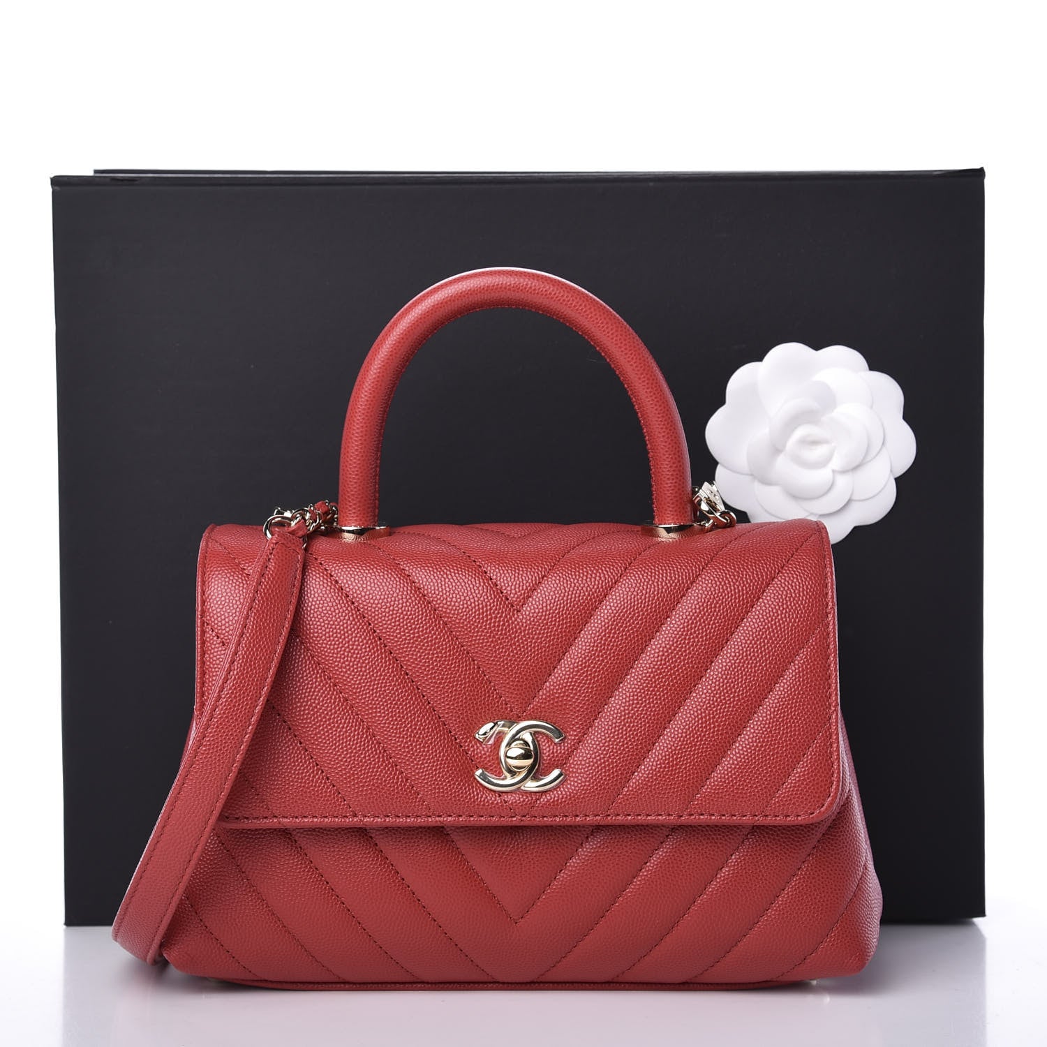 Chanel Caviar Chevron Quilted Mini Coco Handle Flap Red 10 of 10