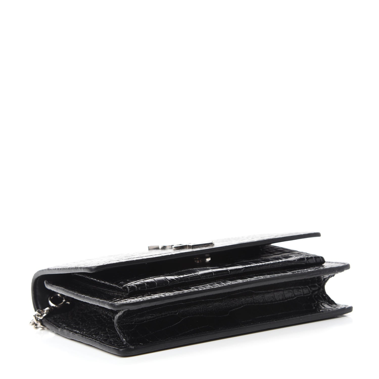Saint Laurent Calfskin Crocodile Embossed Monogram Sunset Top Handle Chain Wallet Black 4 of 12