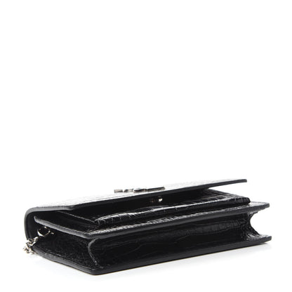 Saint Laurent Calfskin Crocodile Embossed Monogram Sunset Top Handle Chain Wallet Black 4 of 12