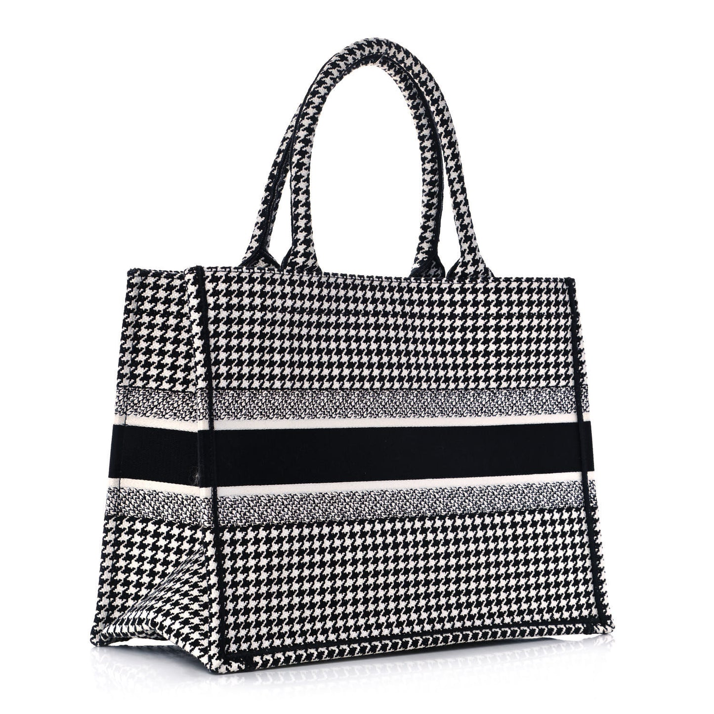 Canvas Houndstooth Embroidered Medium Book Tote Black White