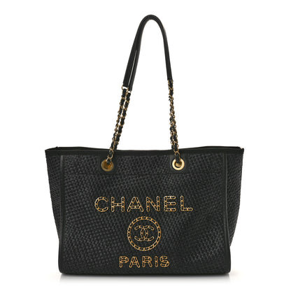 Chanel Straw Raffia Calfskin Chain Small Deauville Tote Black 1 of 12