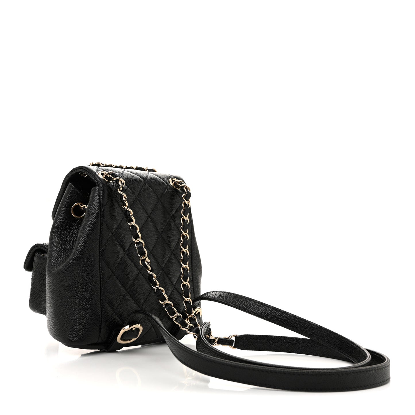 Shiny Caviar Quilted Small Duma Pockets Drawstring Backpack Black