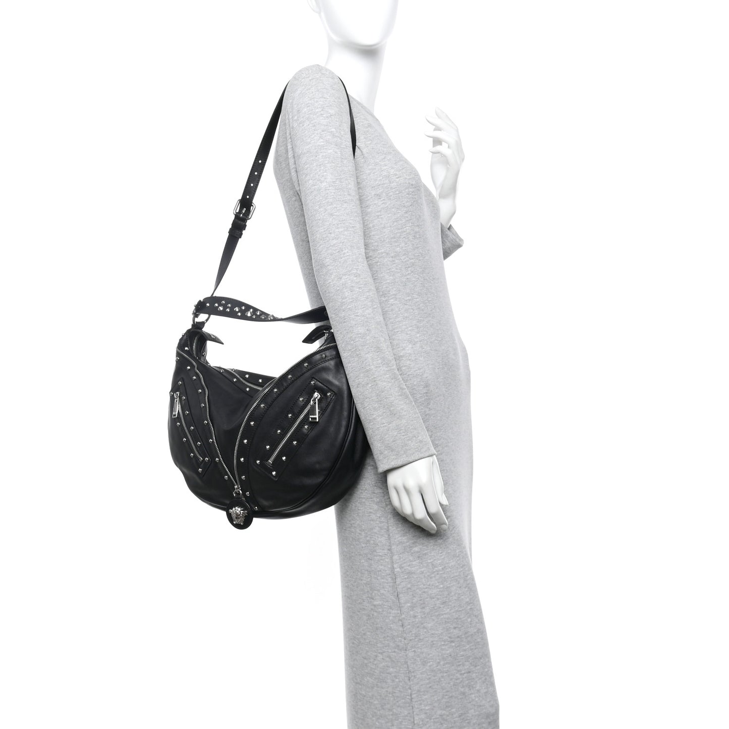 Calfskin Studded Medium Repeat Zip Hobo Black