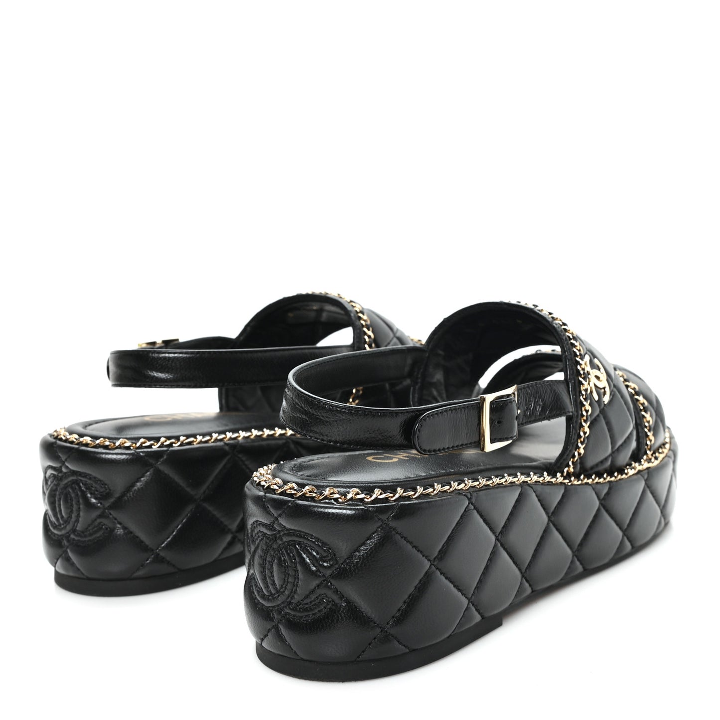 Shiny Lambskin Quilted Chain Around CC Platform Sandals 39 Black