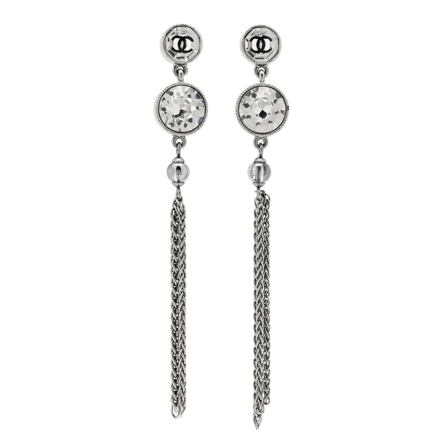 Crystal CC Chain Tassel Drop Earrings Grey