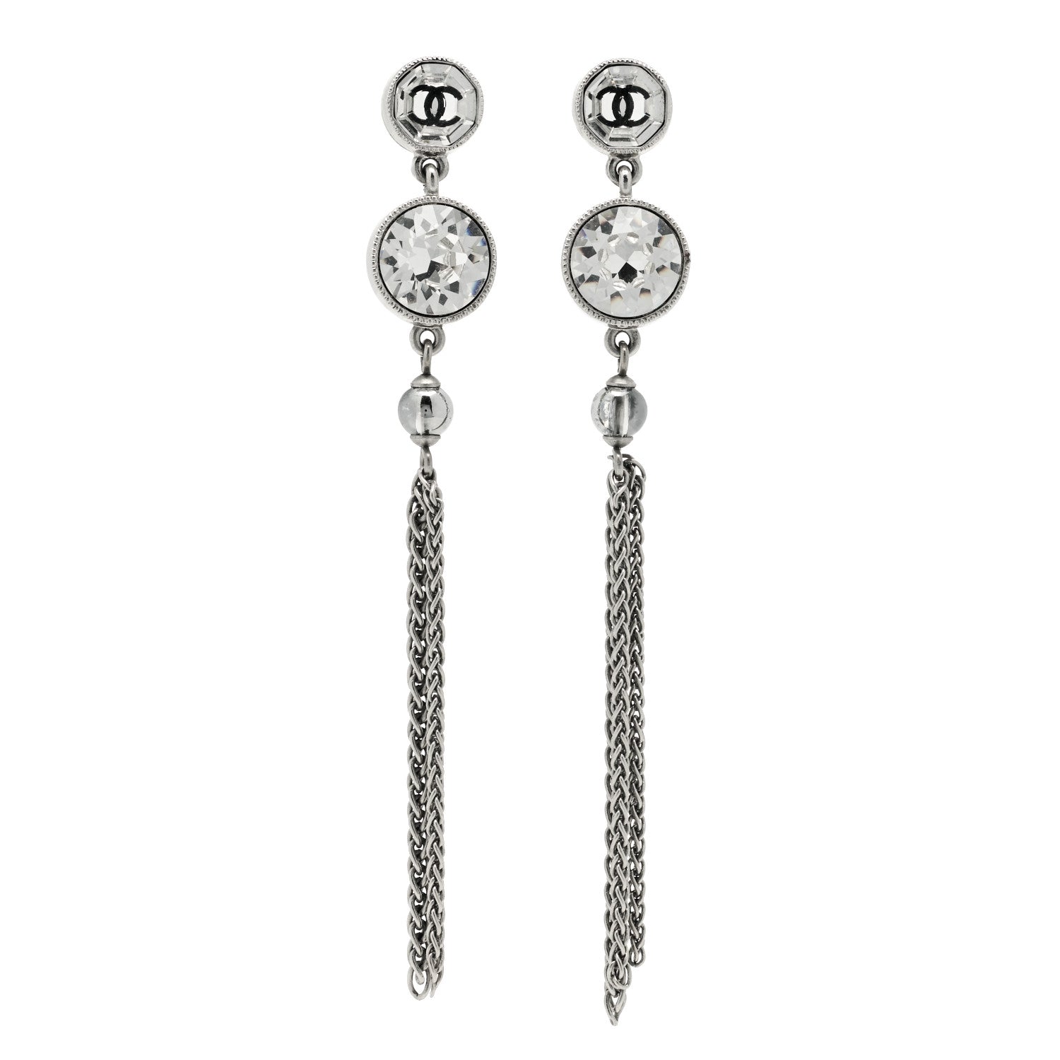 Chanel Crystal CC Chain Tassel Drop Earrings Grey 1 of 4