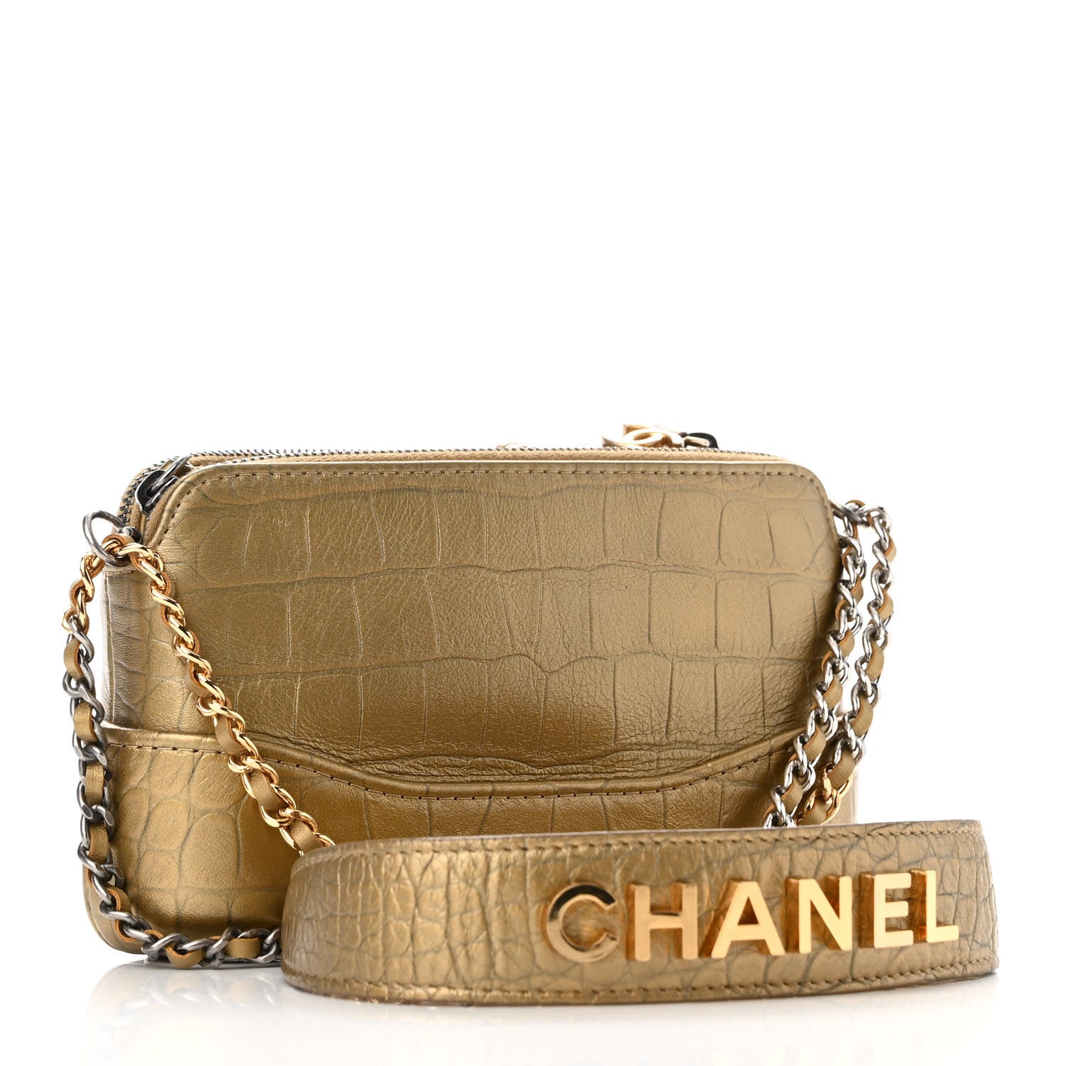 Chanel Metallic Calfskin Crocodile Embossed Small Gabrielle Clutch With Chain Gold 2 of 13