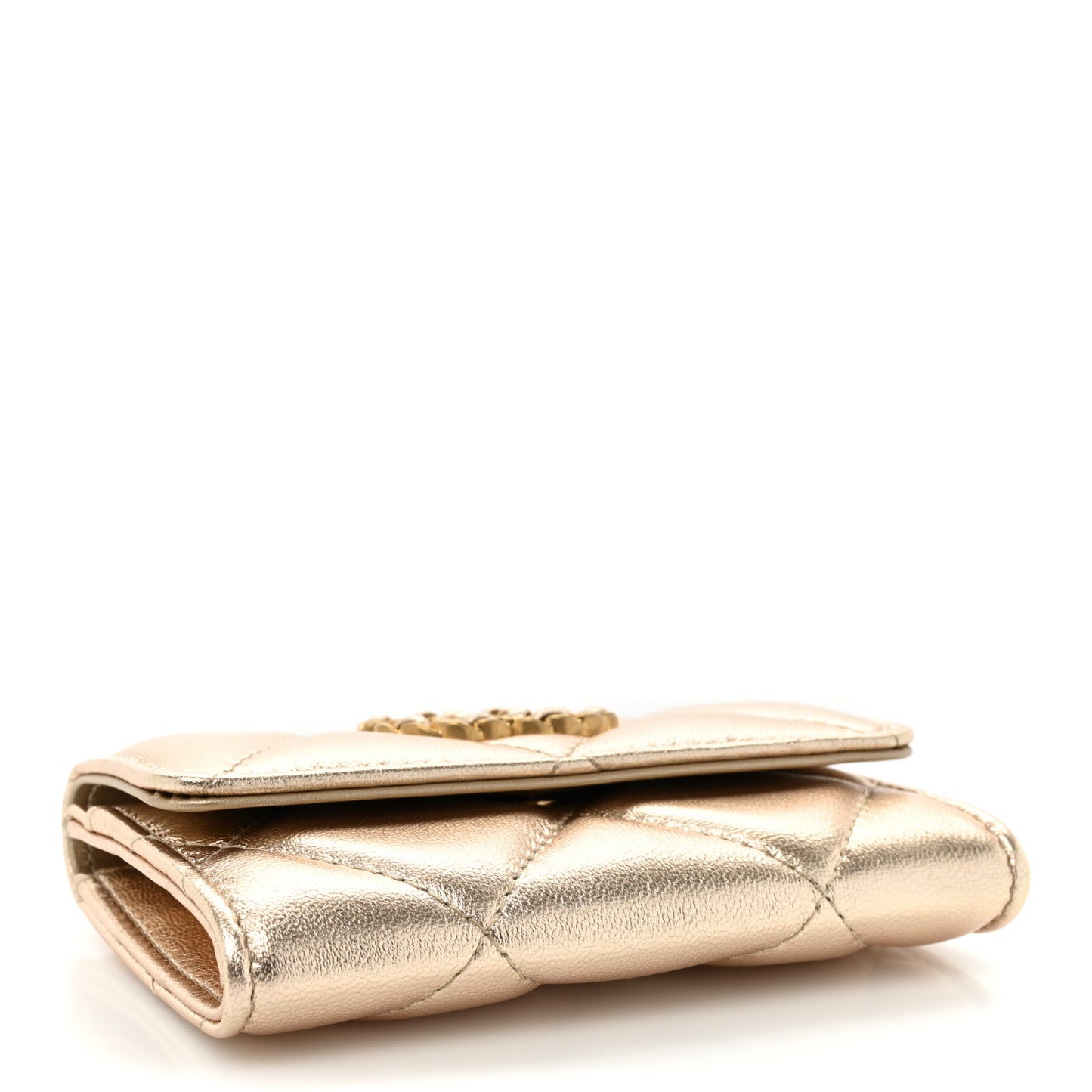 Metallic Goatskin Quilted Chanel 19 Flap Card Holder Gold