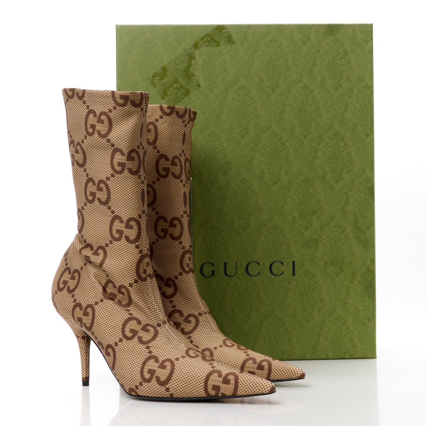 X GUCCI Jersey Maxi GG Monogram Crepe Knife Booties 38 Camel Ebony