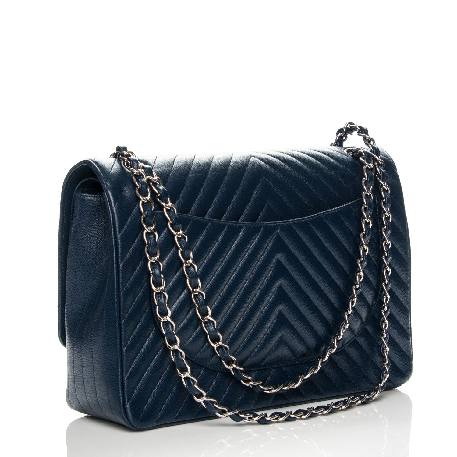 Chanel Caviar Chevron Quilted Maxi Double Flap Navy Blue 3 of 8
