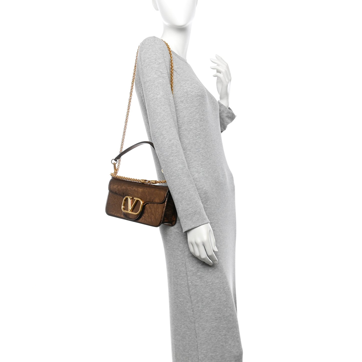 Metallic Crackle Effect Calfskin Vlogo Loco Shoulder Bag Bronze