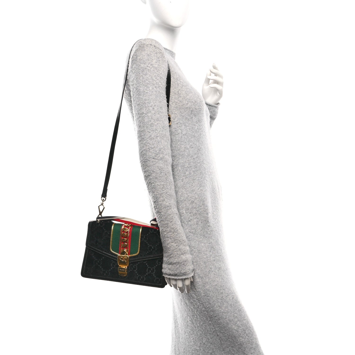 Gucci Velvet GG Monogram Small Sylvie Shoulder Bag Black 2 of 10