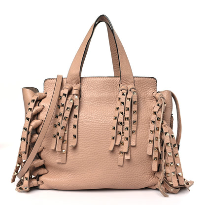 Valentino Garavani Grained Calfskin Small Rockstud C-Rockee Fringe Tote Poudre 1 of 8