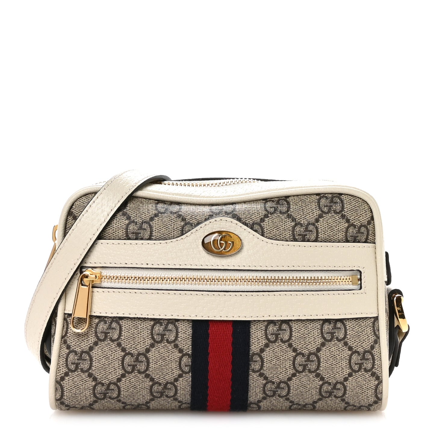 GG Supreme Monogram Textured Calfskin Web Mini Ophidia Shoulder Bag Beige Ebony Mystic White
