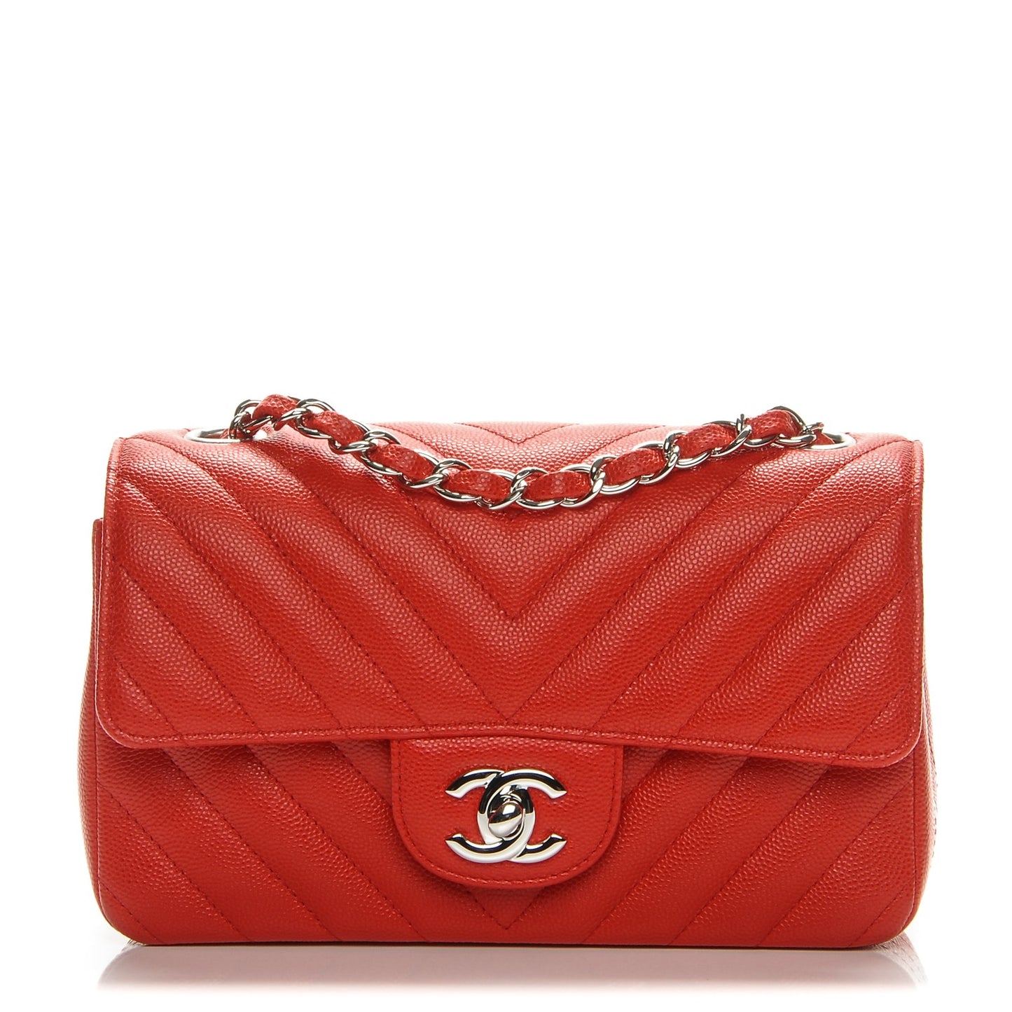 Caviar Chevron Quilted Mini Rectangular Flap Red
