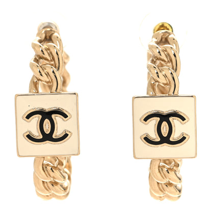 Chanel Metal Enamel CC Square Chain Hoop Earrings Gold White 1 of 4