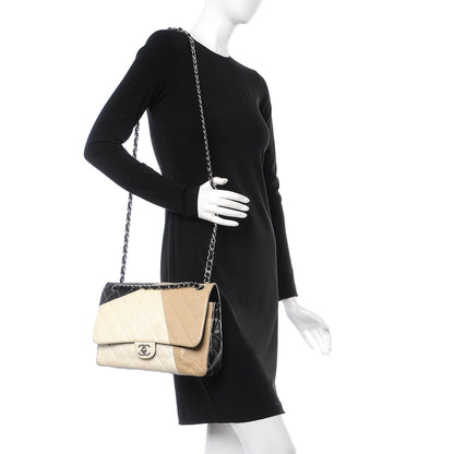 Chanel Lambskin Quilted Colorblock Jumbo Double Flap Black White Beige 3 of 15