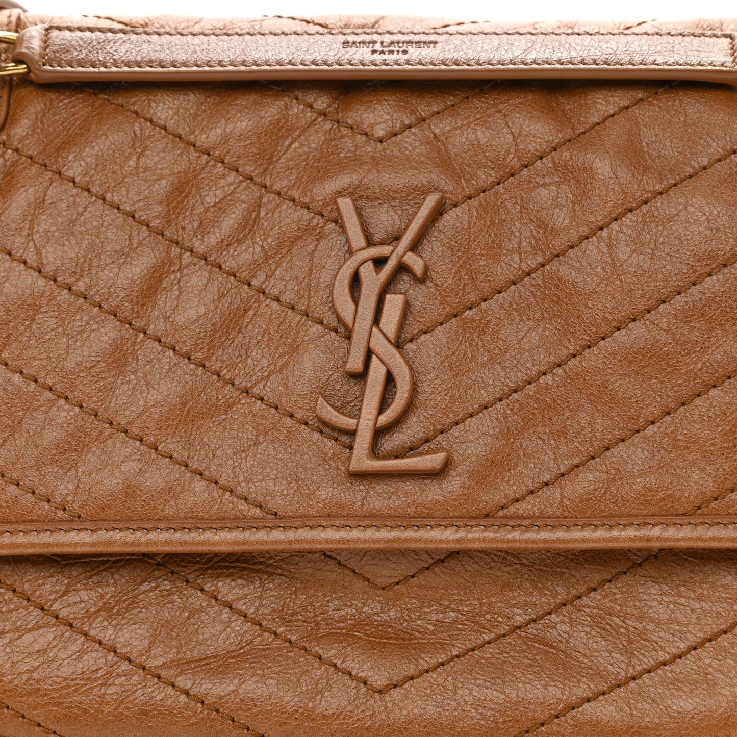 Crinkled Calfskin Matelasse Monogram Medium Niki Chain Satchel Caramel