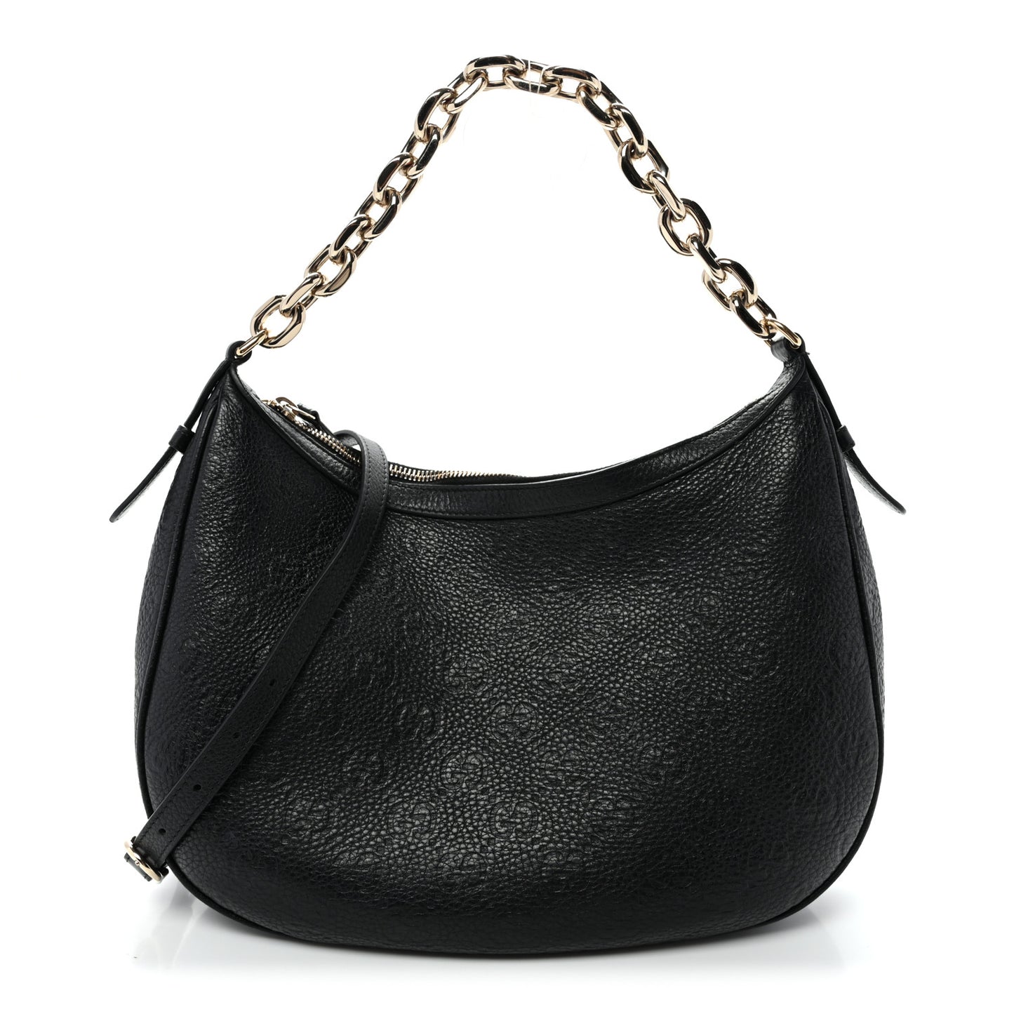 GG Grainy Calfskin Emblem Large Half Moon Shoulder Bag Black